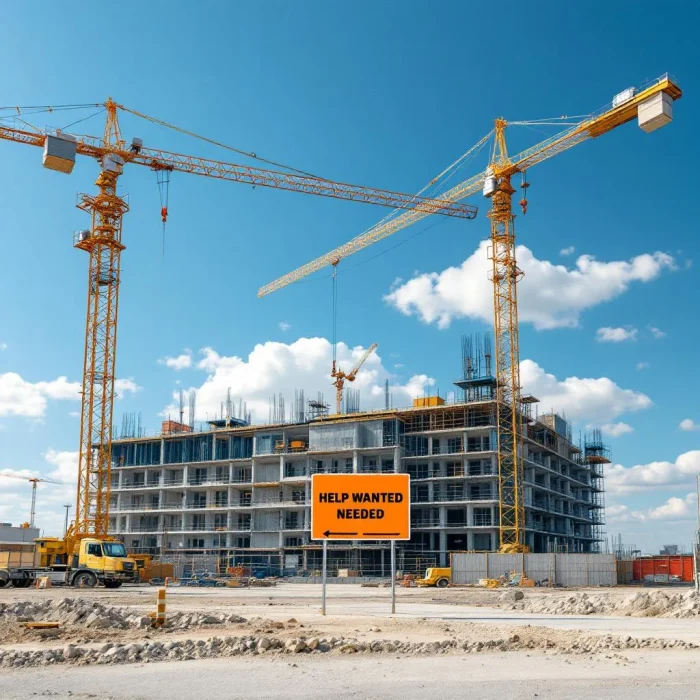 Chantier de construction en France avec panneau recherche ouvriers BTP