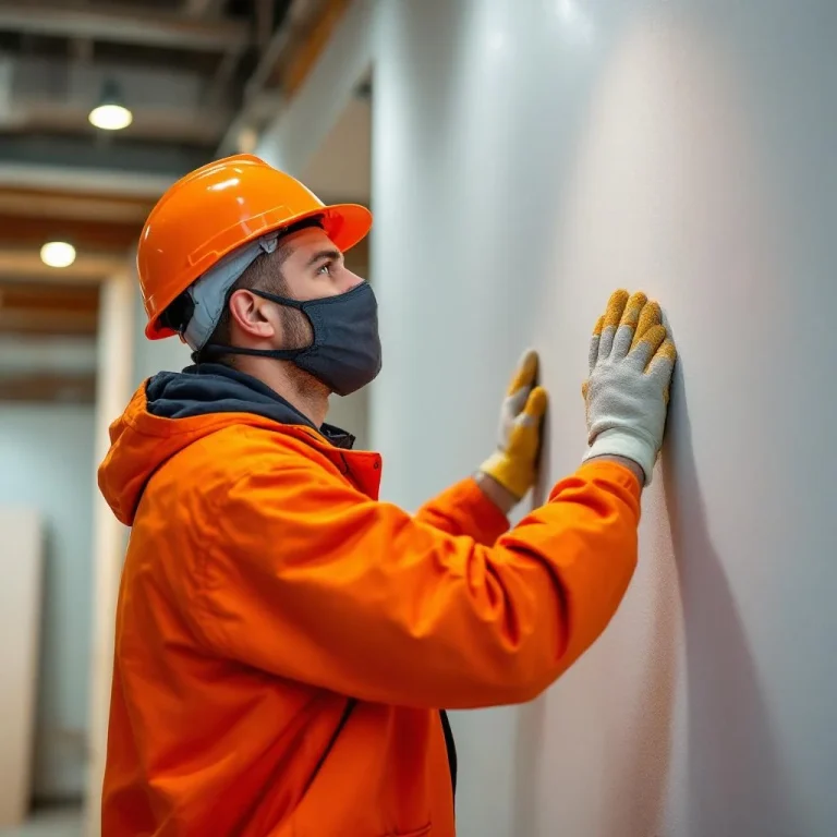 Plaquiste roumain posant des plaques de plâtre sur chantier en France