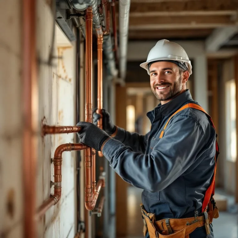 Plombier roumain installant un réseau de tuyauterie cuivre