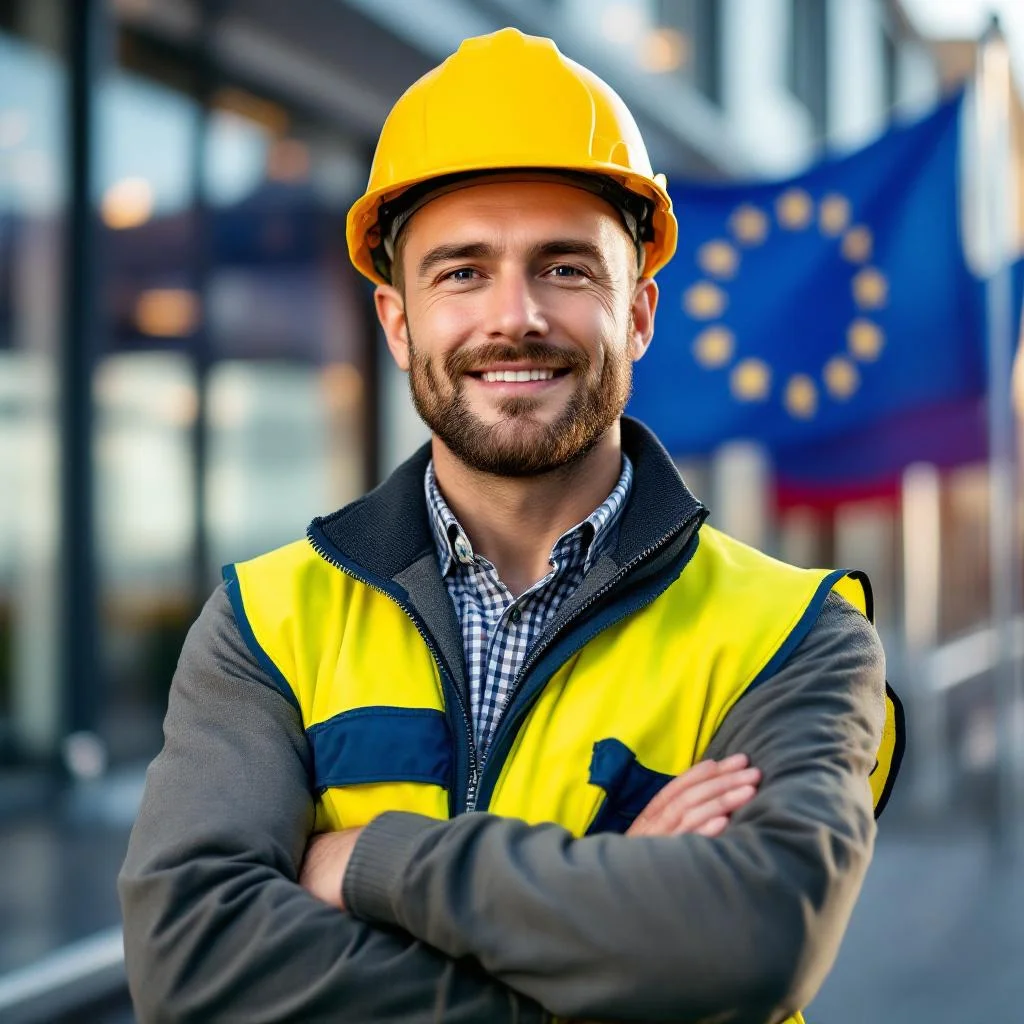 Travailleur détaché européen portant un casque de sécurité sur chantier