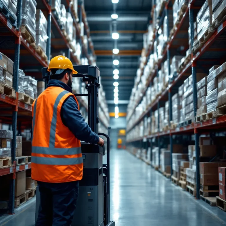 Cariste roumain intérimaire opérant un chariot élévateur dans un entrepôt logistique en France