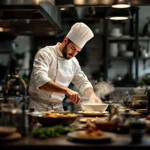 Cuisinier roumain détaché travaillant dans une cuisine professionnelle en France